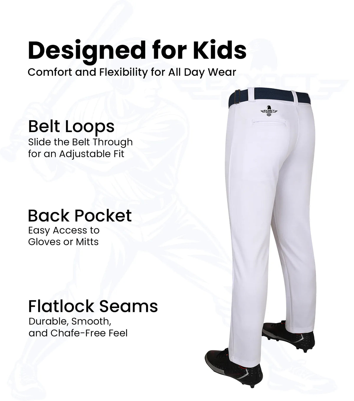 Exxact Sports Pull-up Boys Baseball Pants with Adjustable Drawstring Full Length & open bottom - White