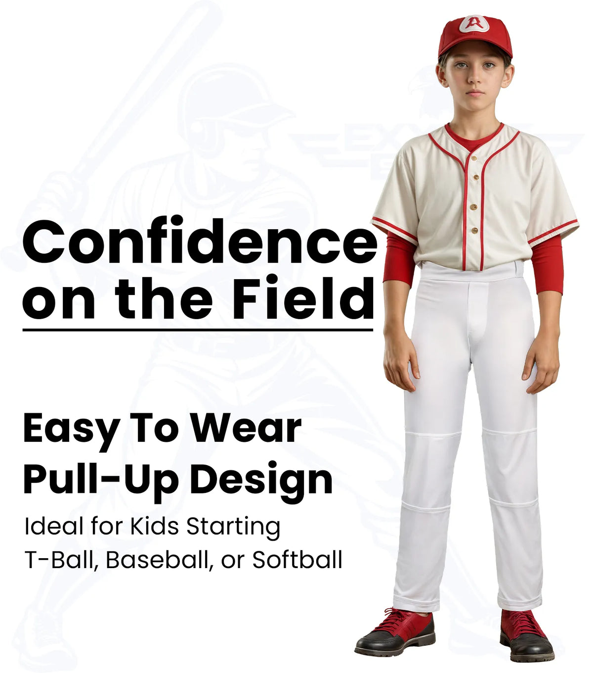 Exxact Sports Pull-up Boys Baseball Pants with Adjustable Drawstring Full Length & open bottom - White