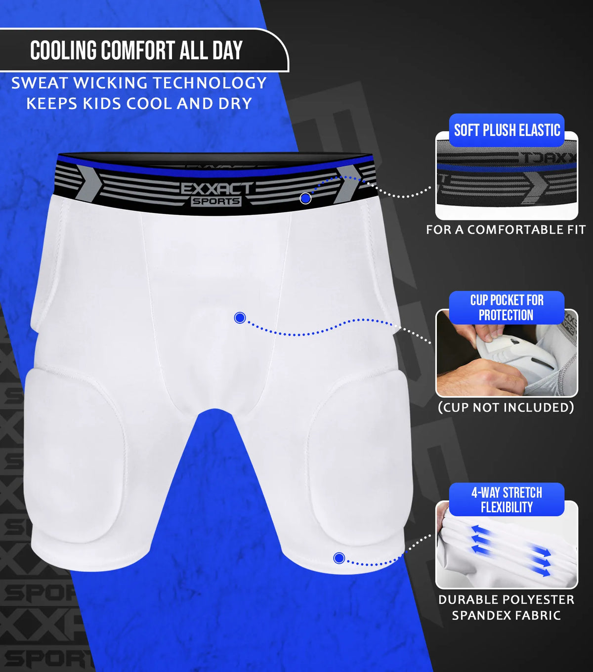 Exxact Sports Rebel 5-pad Boys Football Girdle with Cup Pocket Youth - White