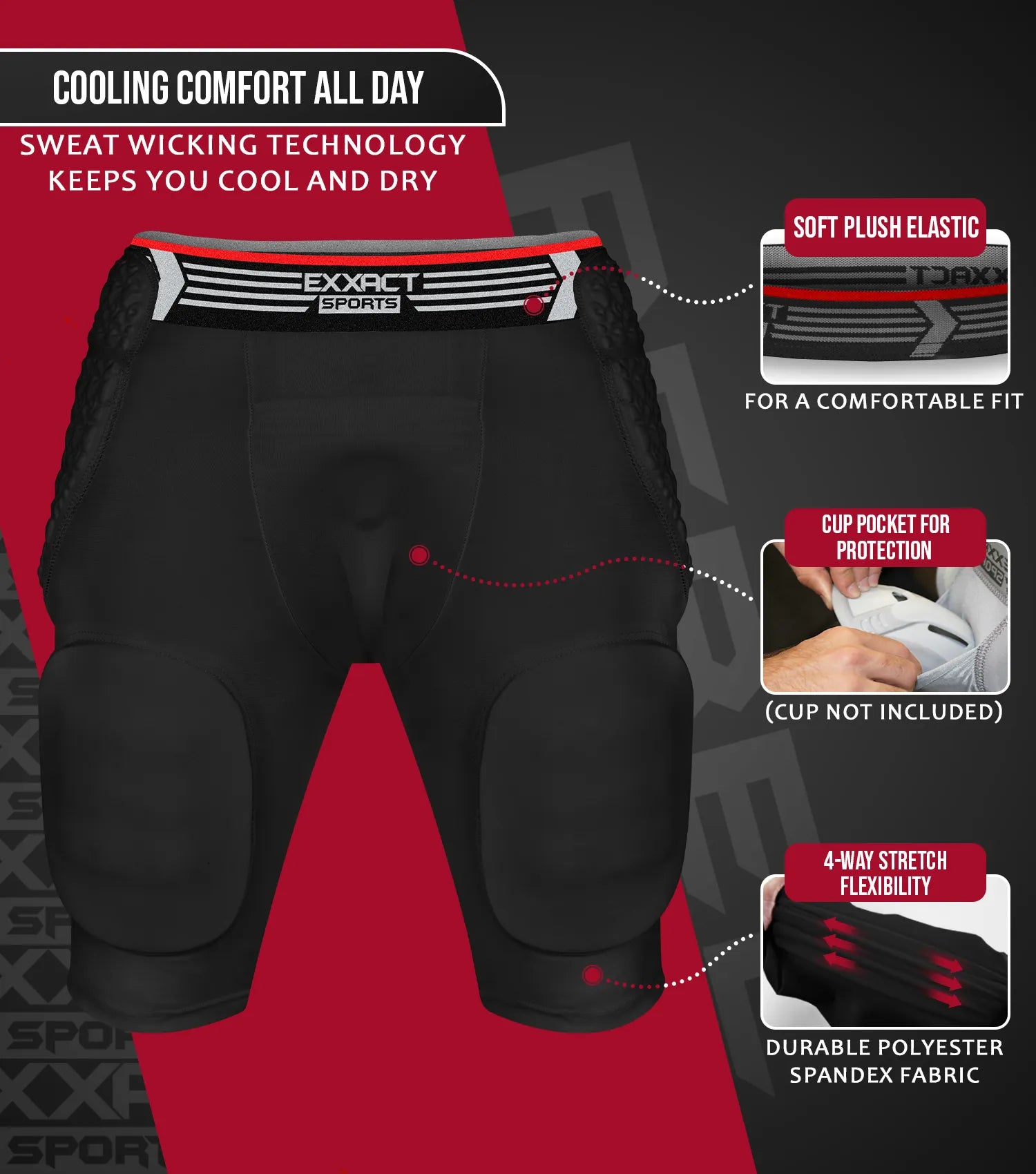 Exxact Sports Rebel 5-pad Men’s Football Girdle with Cup Pocket Adult - Black