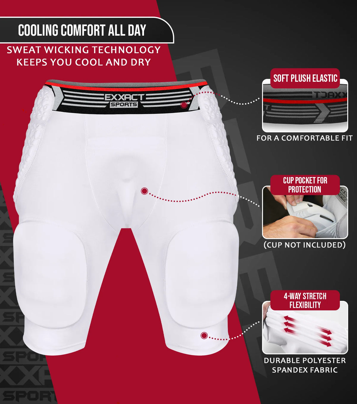 Exxact Sports Rebel 5-pad Men’s Football Girdle with Cup Pocket Adult - White
