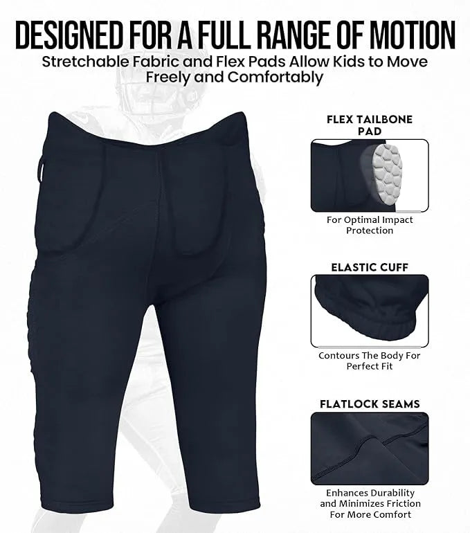 Exxact Sports Rebel Boys Integrated Football Pants with Built-in Pads Youth - Navy