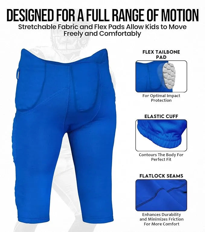Exxact Sports Rebel Boys Integrated Football Pants with Built-in Pads Youth - Royal Blue
