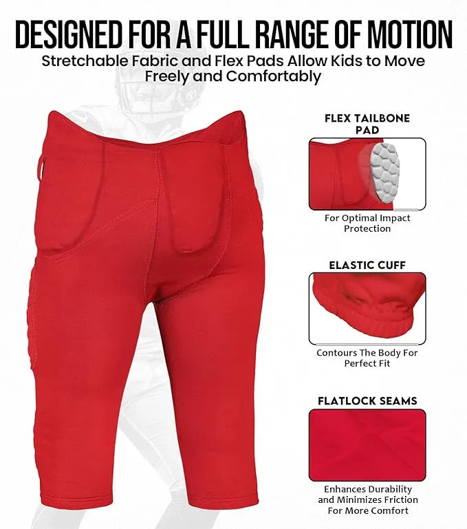 Exxact Sports Rebel Boys Integrated Football Pants with Built-in Pads Youth - Red
