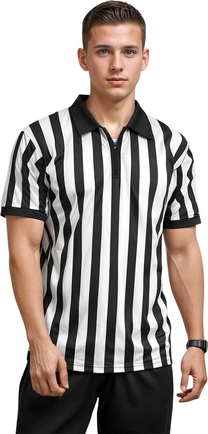 Exxact Sports Referee Shirt for Men and Women Umpire Uniform Quarter Zipper - Black White Stripes