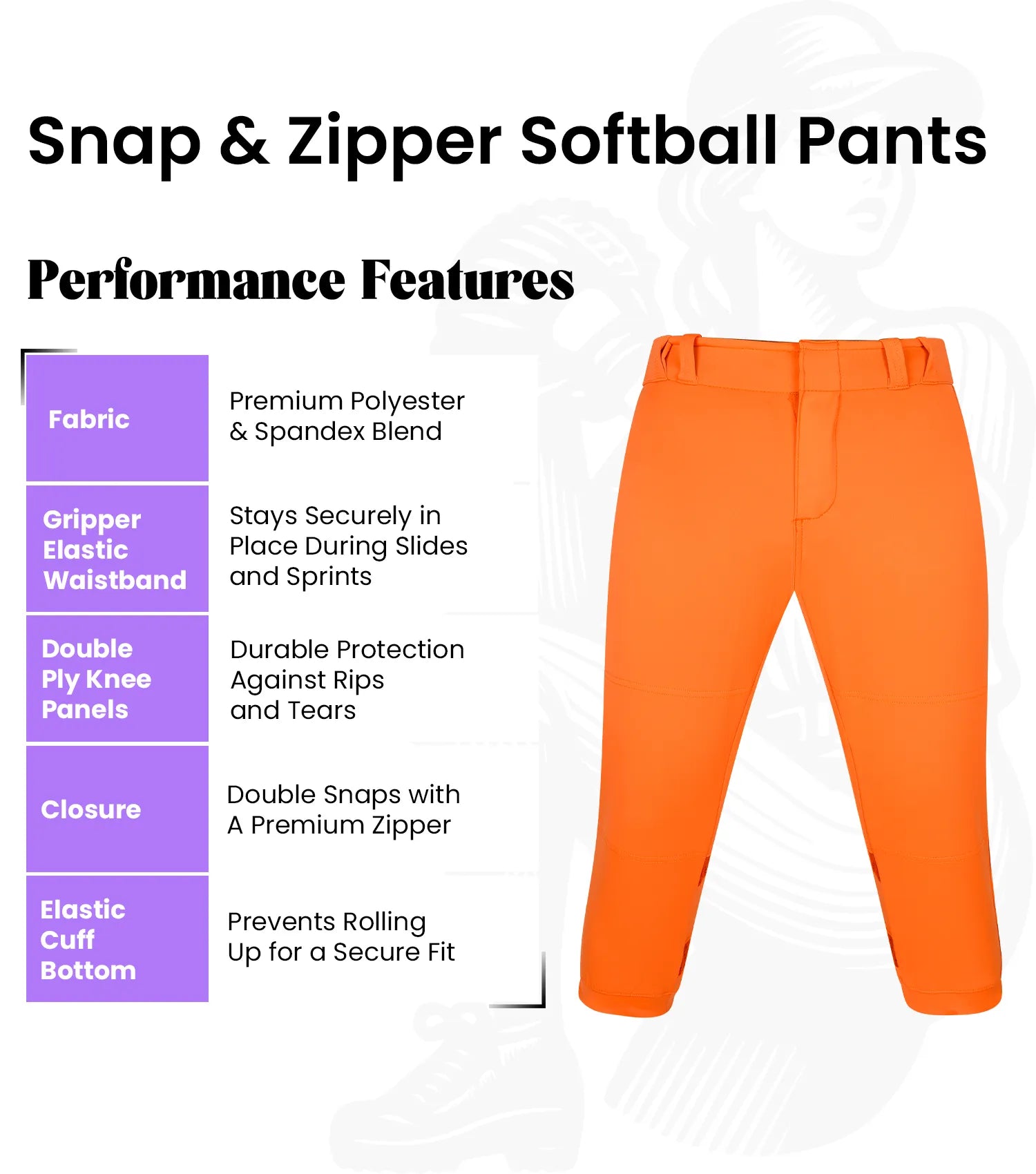 Exxact Sports Softball Pants for Women with Snap and Zipper Elastic Bottom And mesh panels - Orange