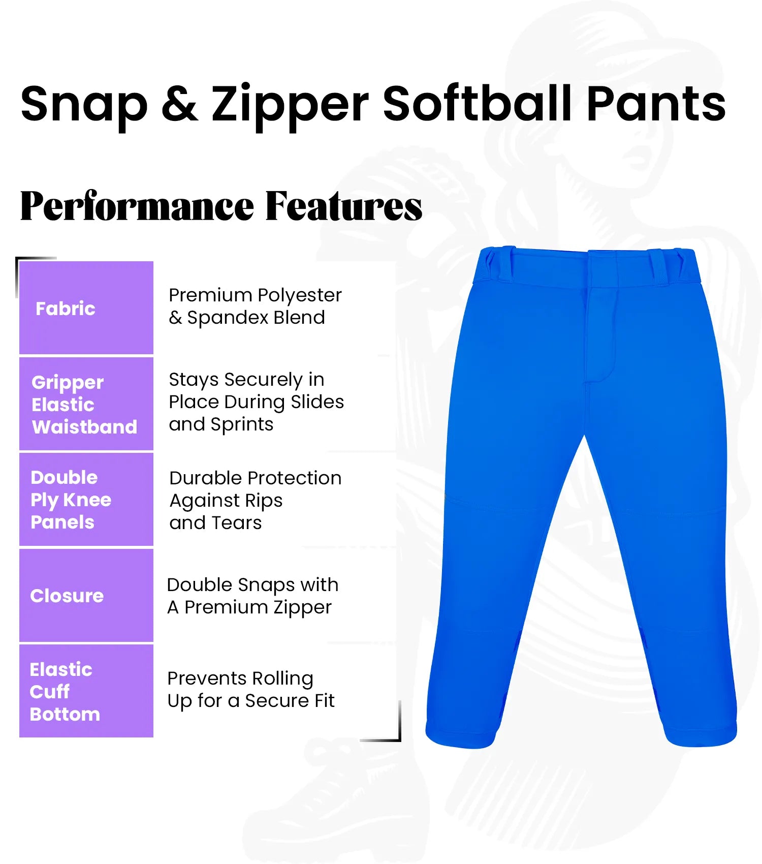 Exxact Sports Softball Pants for Women with Snap and Zipper Elastic Bottom And mesh panels - Royal Blue