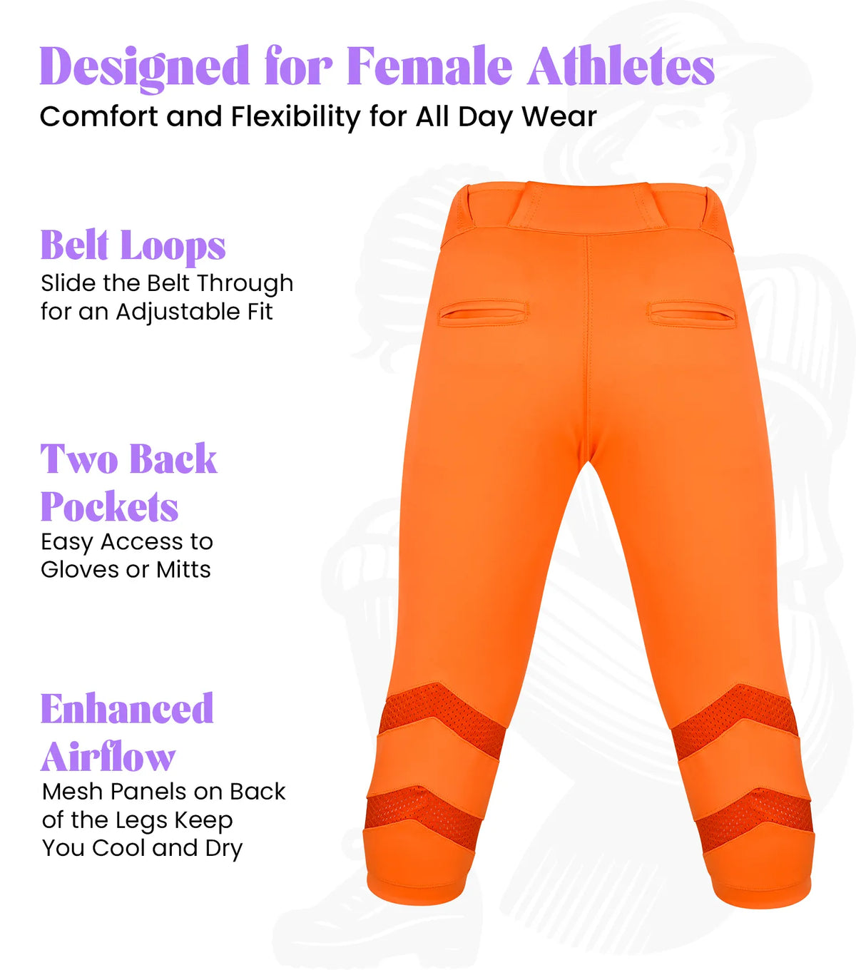 Exxact Sports Softball Pants for Women with Snap and Zipper Elastic Bottom And mesh panels - Orange