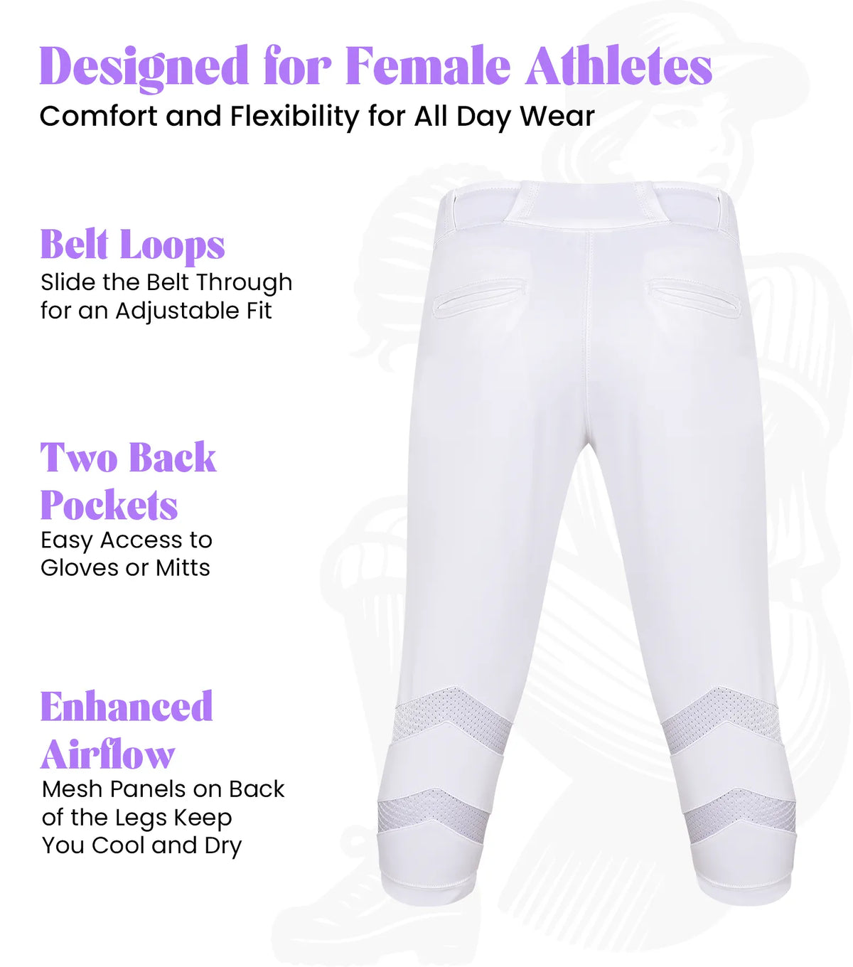 Exxact Sports Softball Pants for Women with Snap and Zipper Elastic Bottom And mesh panels - White