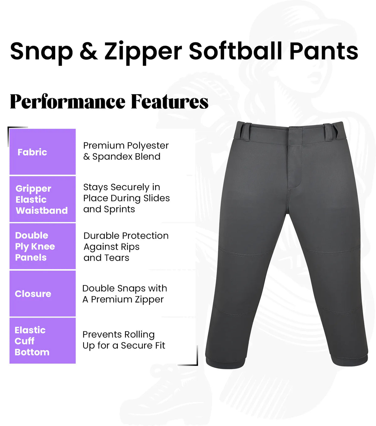 Exxact Sports Softball Pants for Women with Snap and Zipper Elastic Bottom And mesh panels - Dark Gray