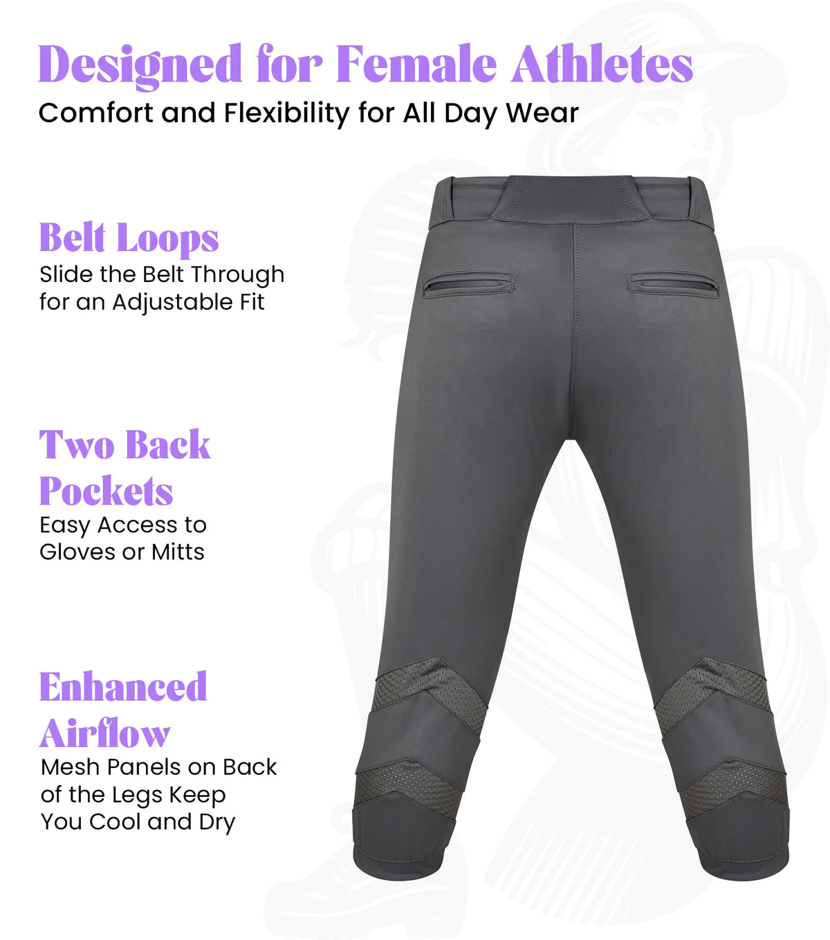 Exxact Sports Softball Pants for Women with Snap and Zipper Elastic Bottom And mesh panels - Dark Gray