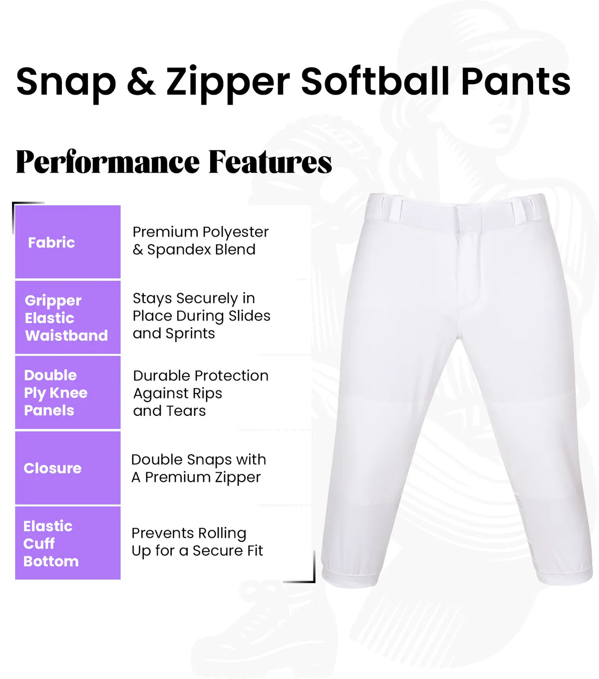 Exxact Sports Softball Pants for Women with Snap and Zipper Elastic Bottom And mesh panels - White