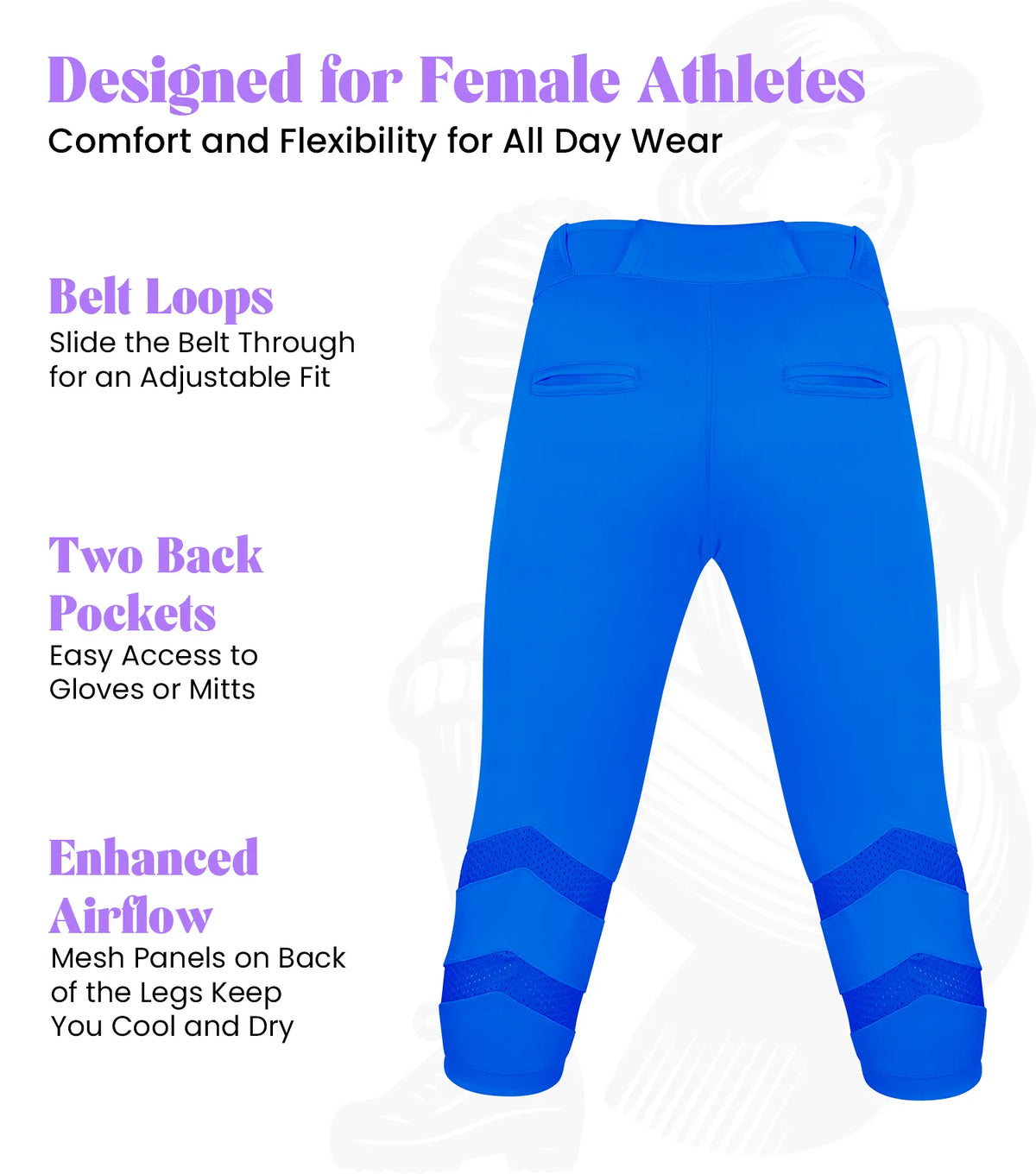 Exxact Sports Softball Pants for Women with Snap and Zipper Elastic Bottom And mesh panels - Royal Blue