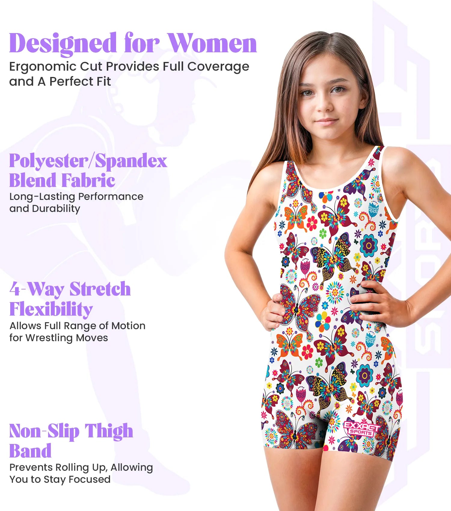 Exxact Sports Sublimated Girl’s Wrestling Singlets High-cut Female singlets - White Butterfly
