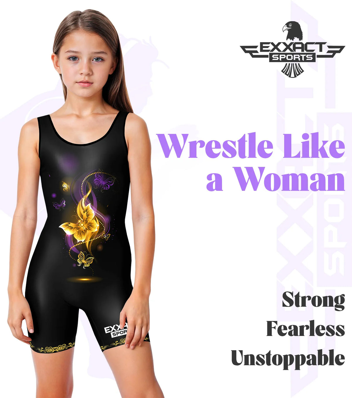 Exxact Sports Sublimated Girl’s Wrestling Singlets High-cut Female singlets - Gold Butterfly