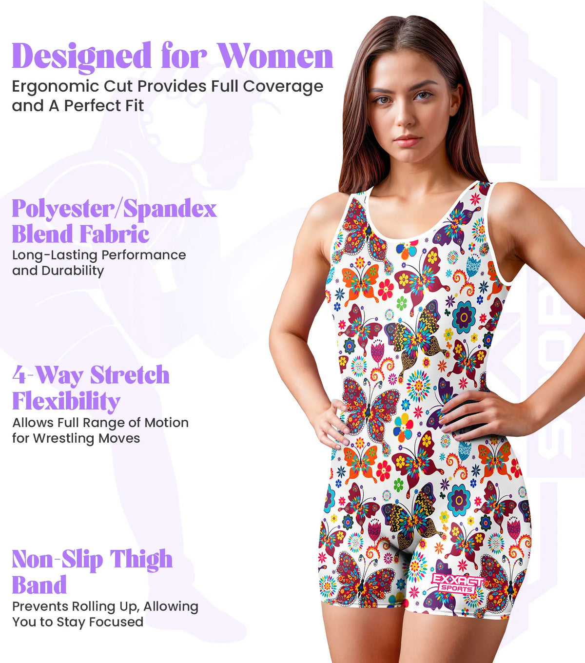 Exxact Sports Sublimated Women’s Wrestling Singlets High-cut Female singlets - White Butterfly