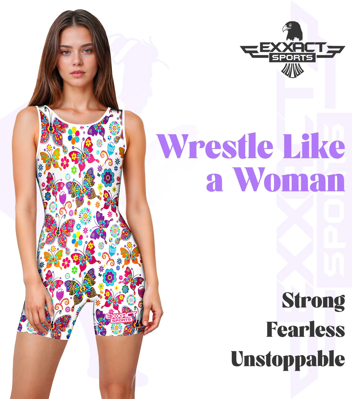 Exxact Sports Sublimated Women’s Wrestling Singlets High-cut Female singlets - White Butterfly