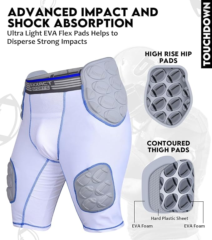 Exxact Sports Touchdown 5-pad Boys Football Girdle with Cup Pocket Youth - White