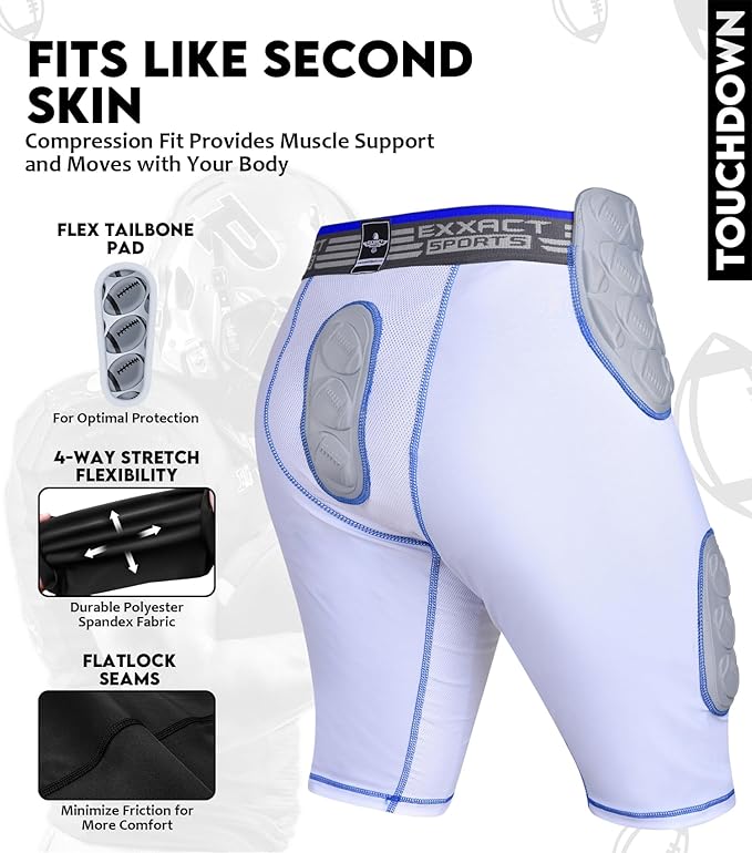 Exxact Sports Touchdown 5-pad Boys Football Girdle with Cup Pocket Youth - White
