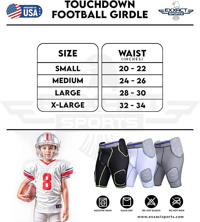 Exxact Sports Touchdown 5-pad Boys Football Girdle with Cup Pocket Youth - White