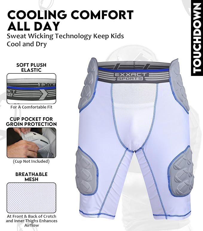 Exxact Sports Touchdown 5-pad Boys Football Girdle with Cup Pocket Youth - White