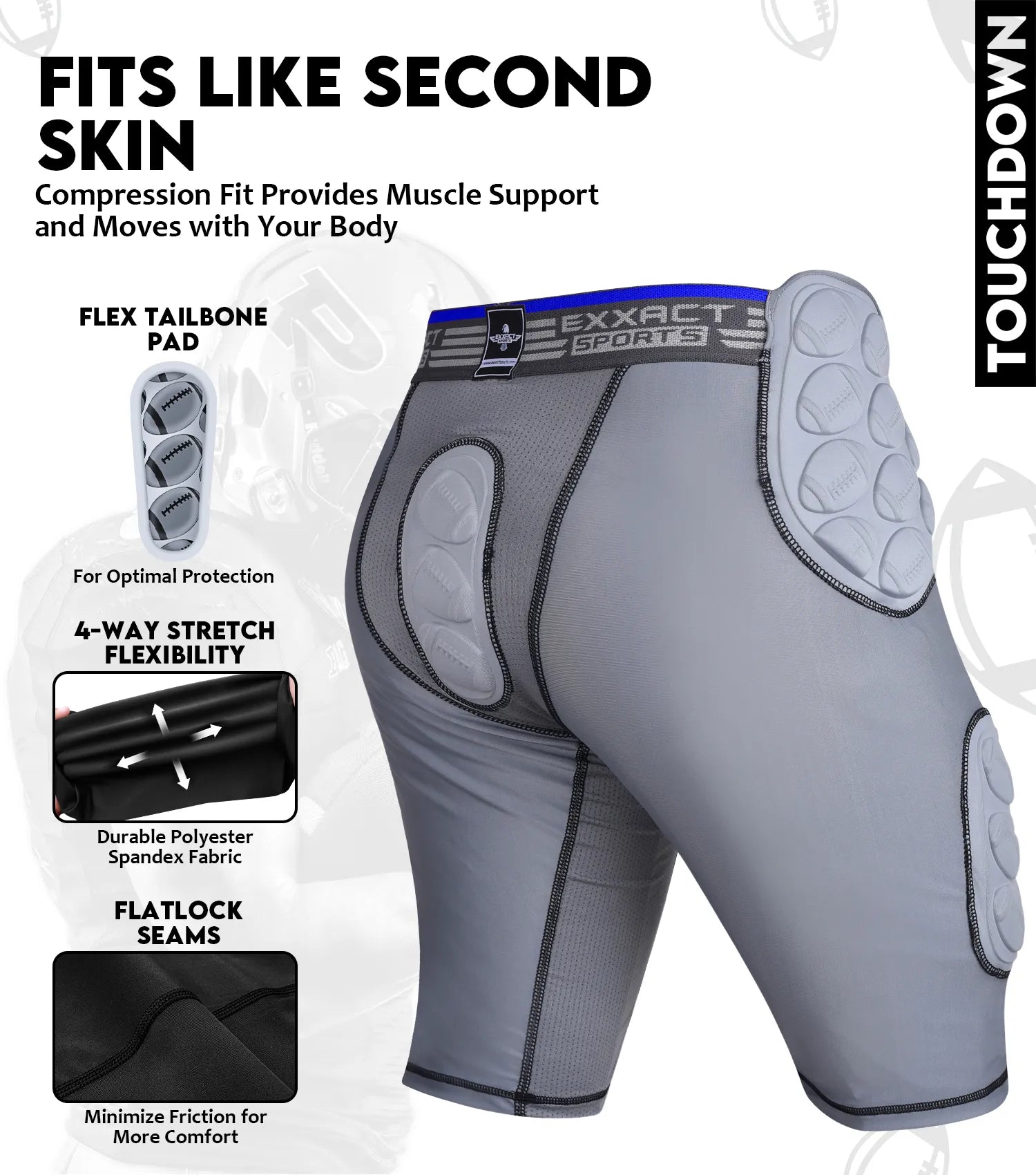 Exxact Sports Touchdown 5-pad Boys Football Girdle with Cup Pocket Gray Youth