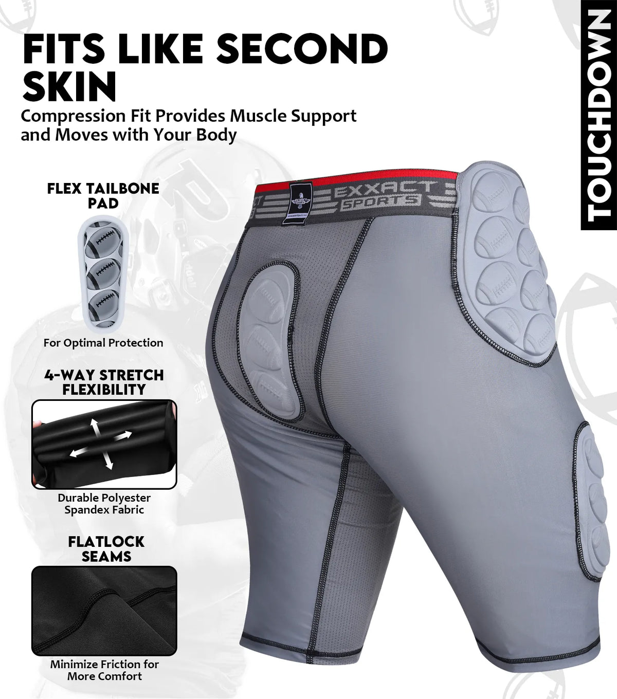 Exxact Sports Touchdown 5-pad Men’s Football Girdle with Cup Pocket Adult - Gray