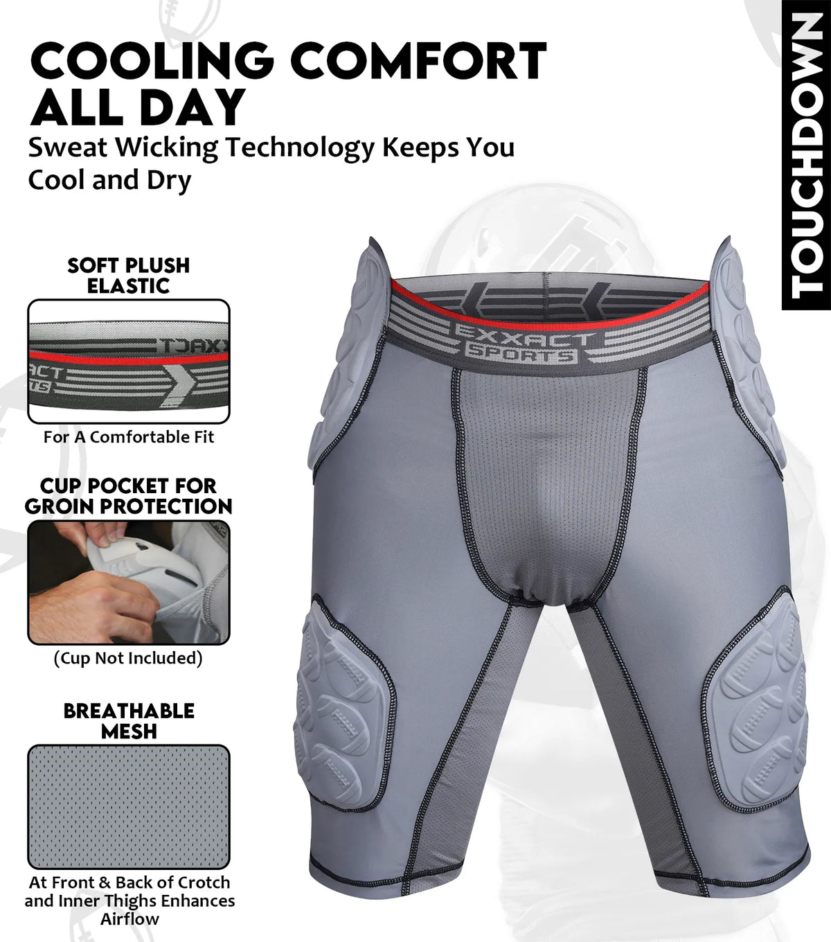 Exxact Sports Touchdown 5-pad Men’s Football Girdle with Cup Pocket Adult - Gray
