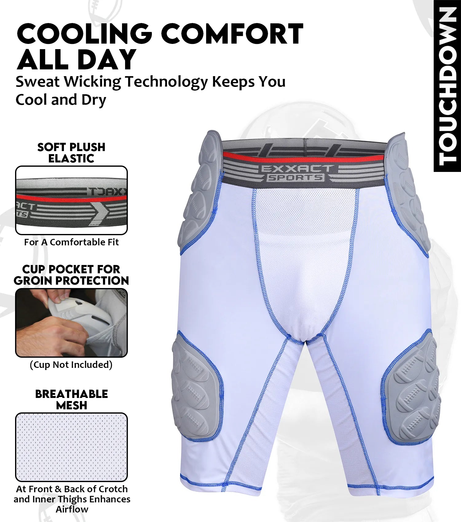 Exxact Sports Touchdown 5-pad Men’s Football Girdle with Cup Pocket Adult - White