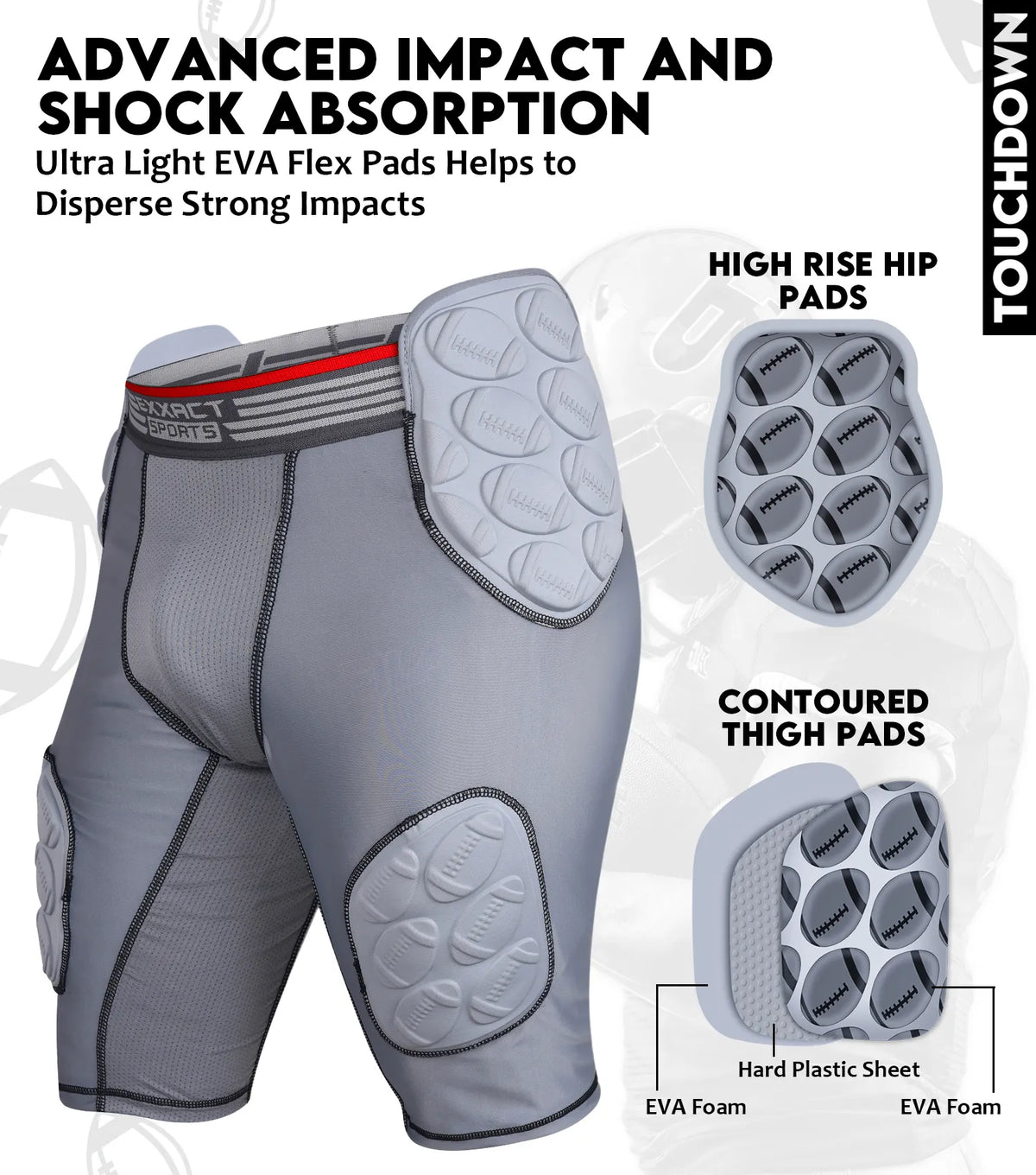Exxact Sports Touchdown 5-pad Men’s Football Girdle with Cup Pocket Adult - Gray