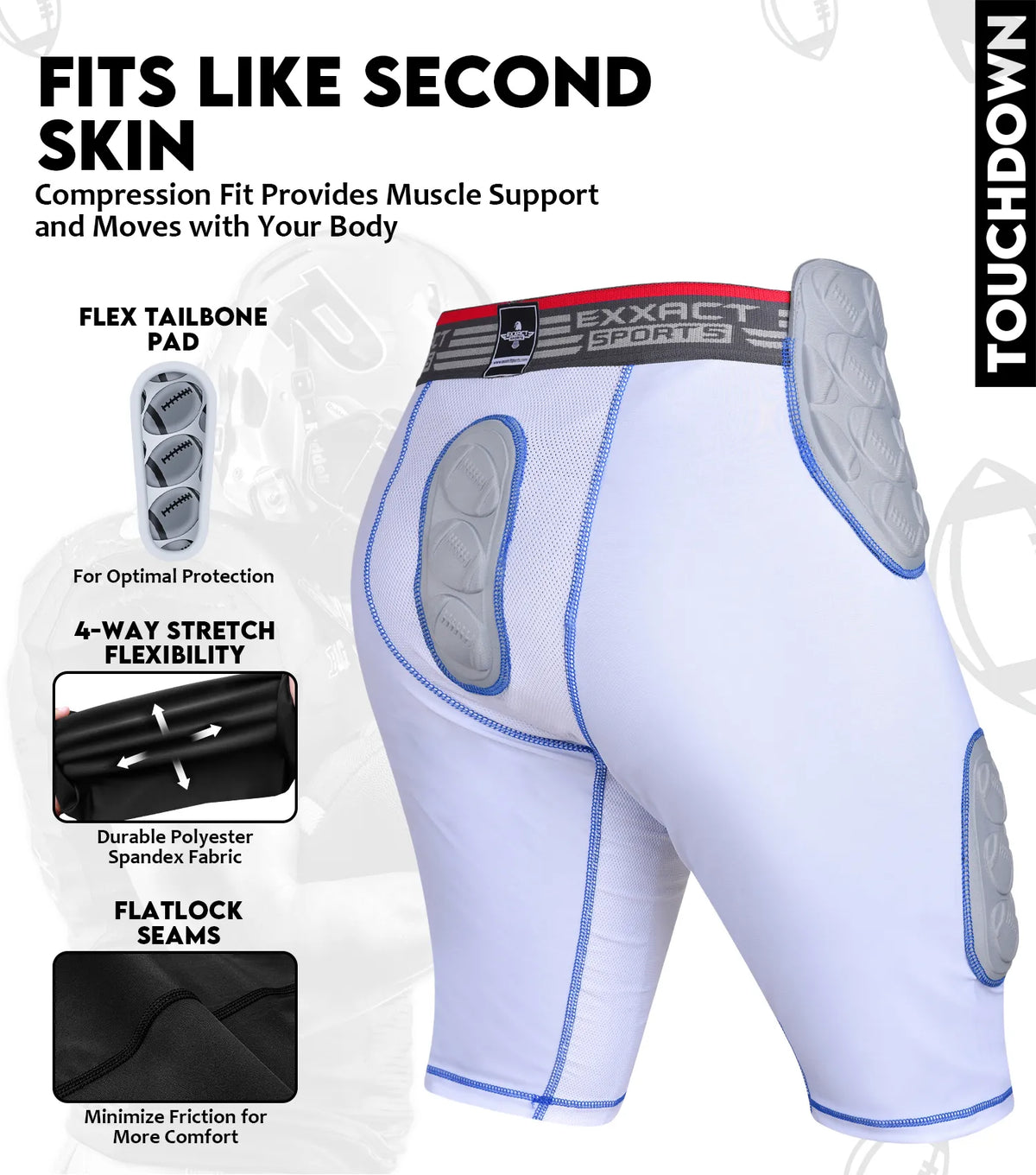 Exxact Sports Touchdown 5-pad Men’s Football Girdle with Cup Pocket Adult - White