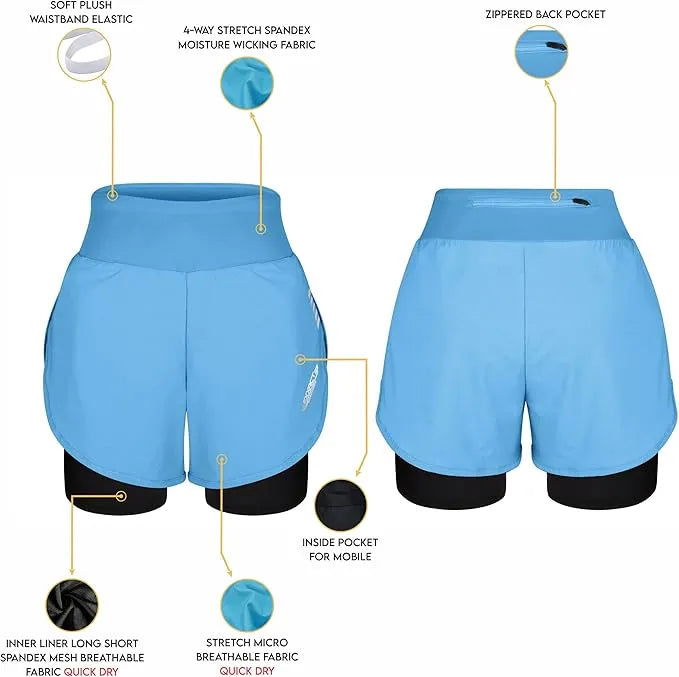 Exxact Sports Women’s 2 in 1 Athletic Shorts with Compression Liner - Columbia Blue