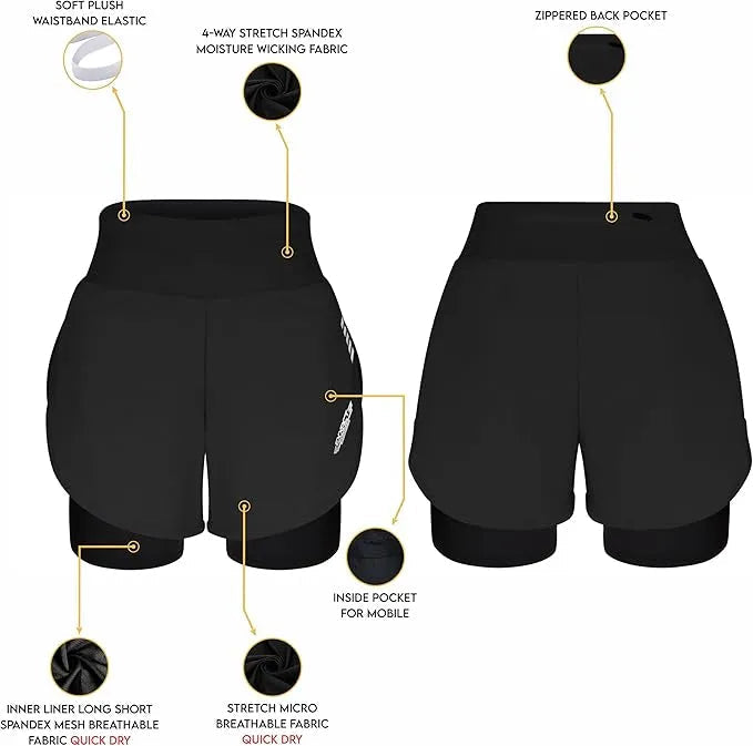 Exxact Sports Women’s 2 in 1 Athletic Shorts with Compression Liner - Black