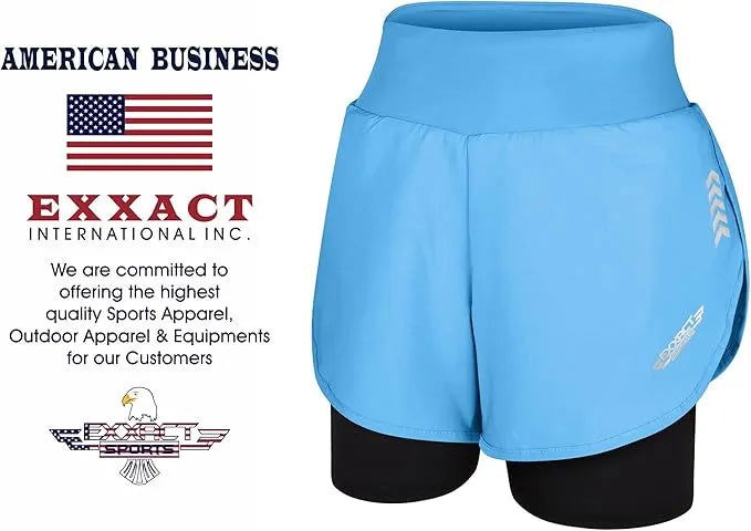 Exxact Sports Women’s 2 in 1 Athletic Shorts with Compression Liner - Columbia Blue