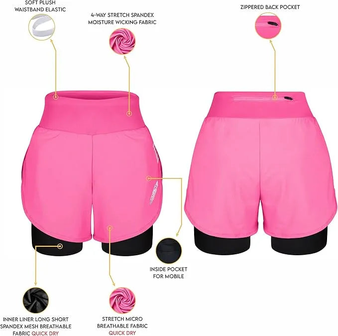 Exxact Sports Women’s 2 in 1 Athletic Shorts with Compression Liner - Pink