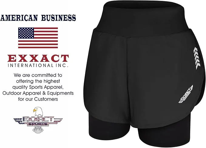 Exxact Sports Women’s 2 in 1 Athletic Shorts with Compression Liner - Black