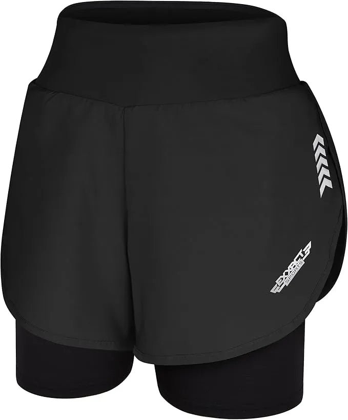 Exxact Sports Women’s 2 in 1 Athletic Shorts with Compression Liner - Black - X-small