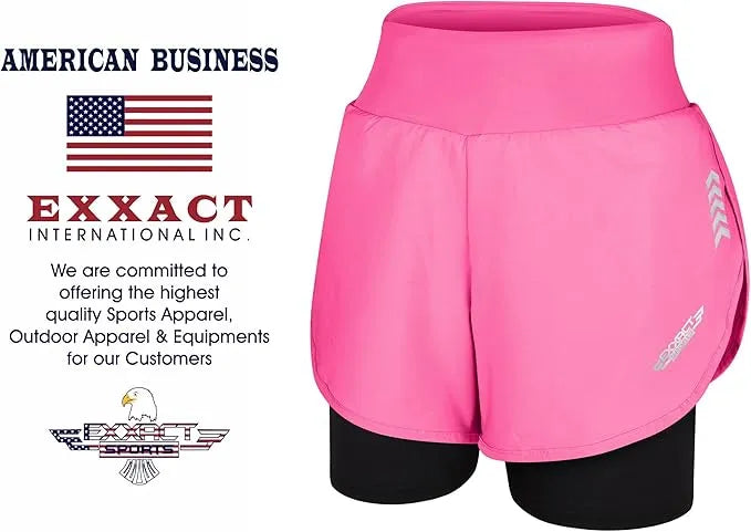 Exxact Sports Women’s 2 in 1 Athletic Shorts with Compression Liner - Pink