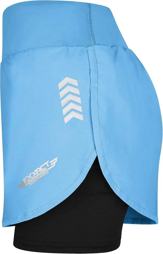 Exxact Sports Women’s 2 in 1 Athletic Shorts with Compression Liner - Columbia Blue
