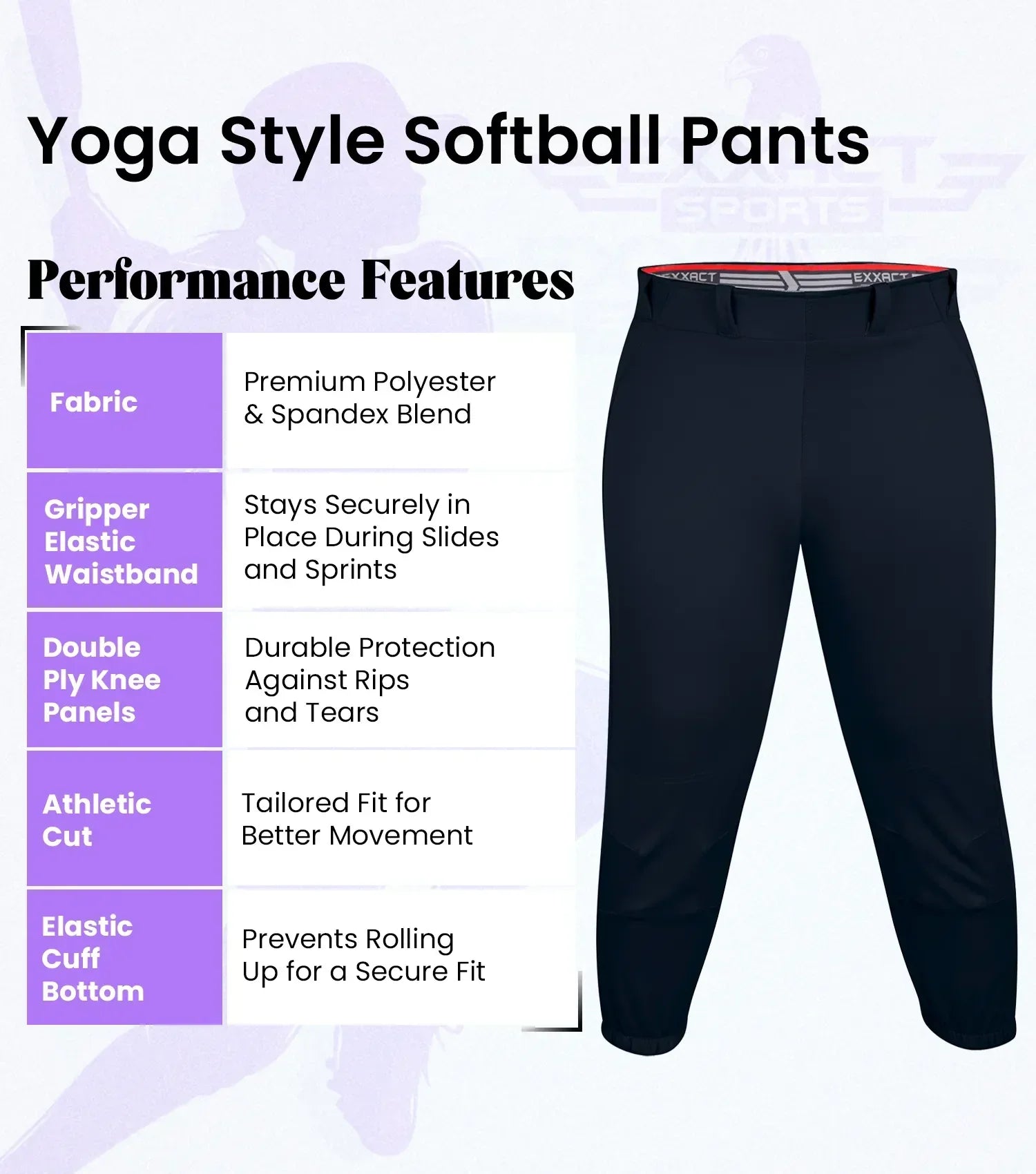 Exxact Sports Yoga Knicker Style Softball Pants for Women - Black