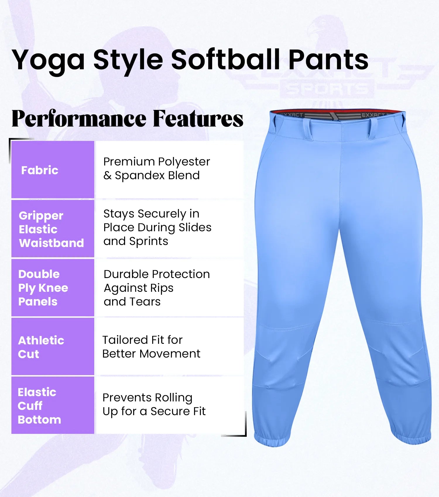 Exxact Sports Yoga Knicker Style Softball Pants for Women - Columbia Blue