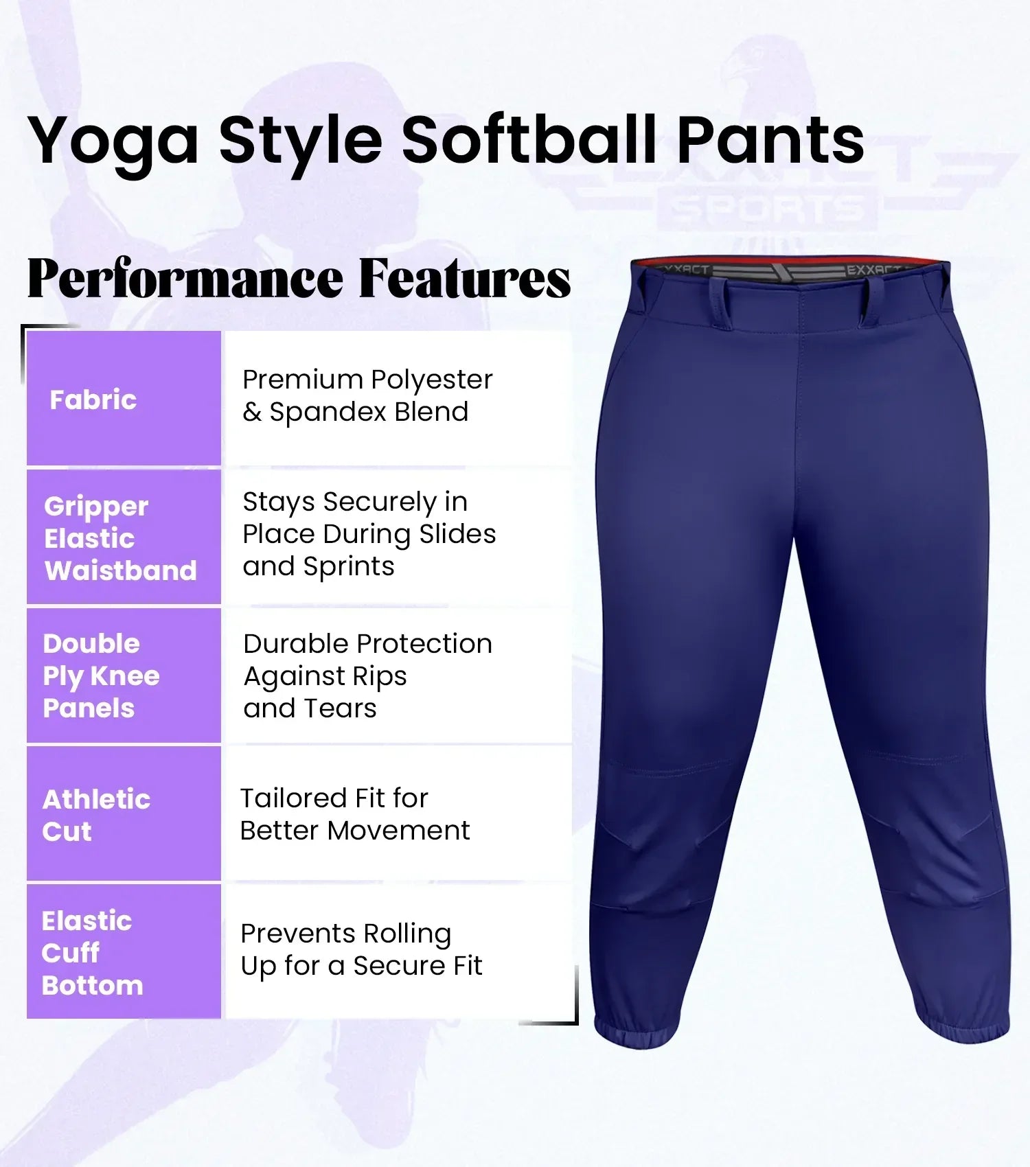 Exxact Sports Yoga Knicker Style Softball Pants for Women - Navy