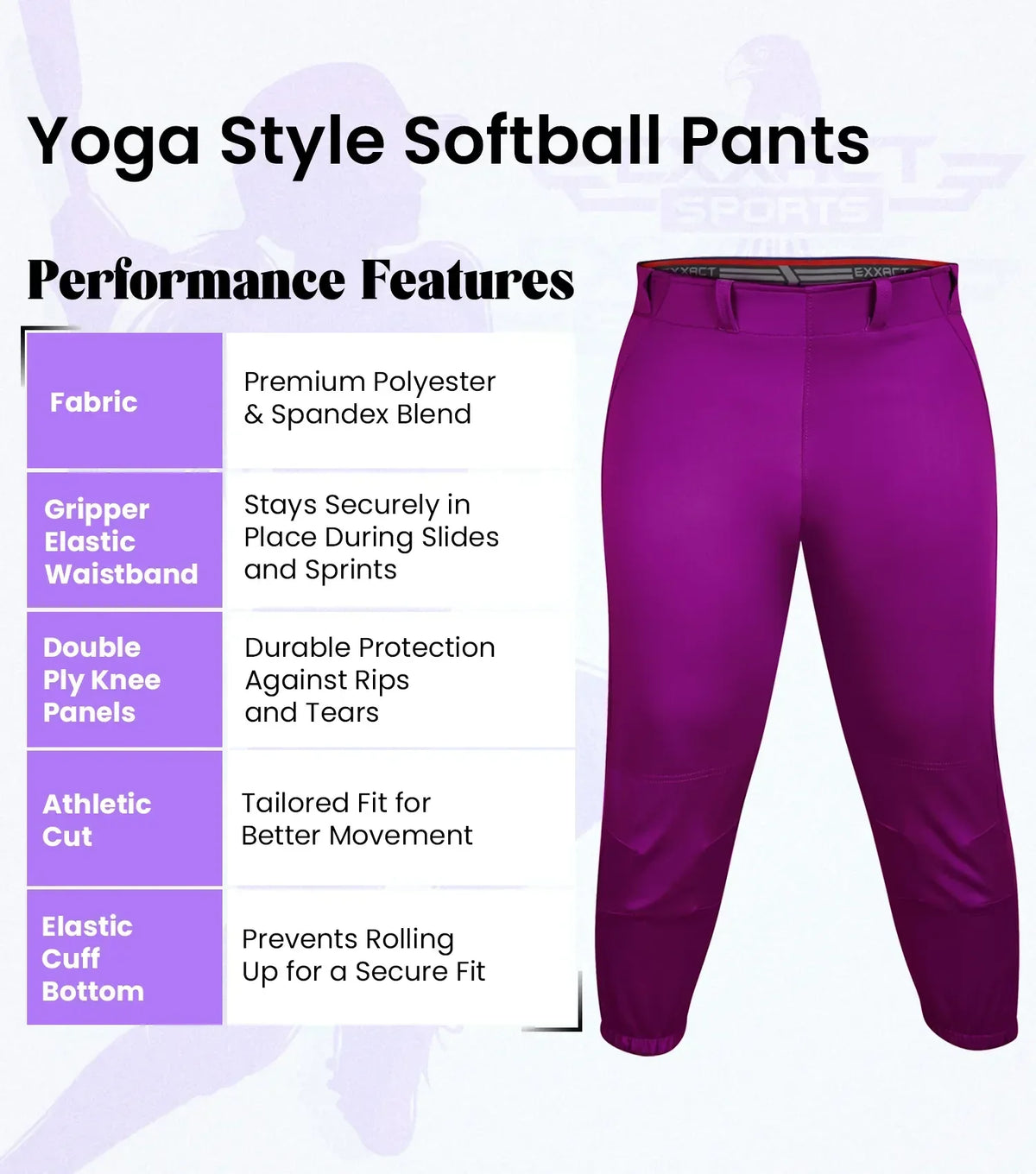 Exxact Sports Yoga Knicker Style Softball Pants for Women - Purple