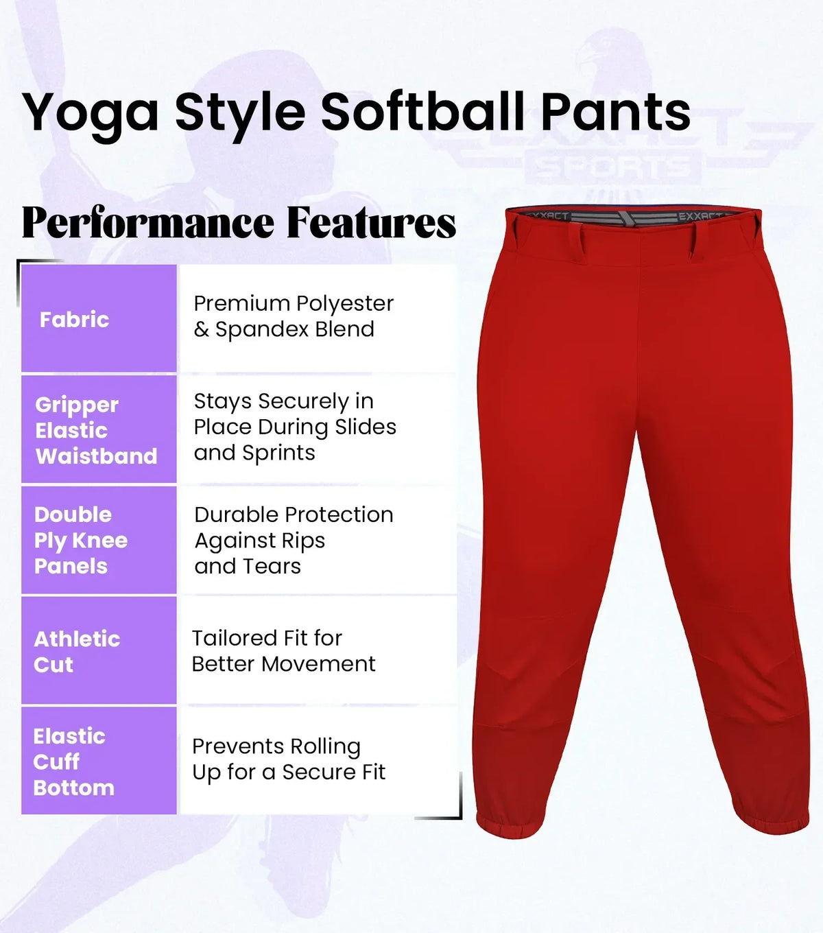 Exxact Sports Yoga Knicker Style Softball Pants for Women - Red