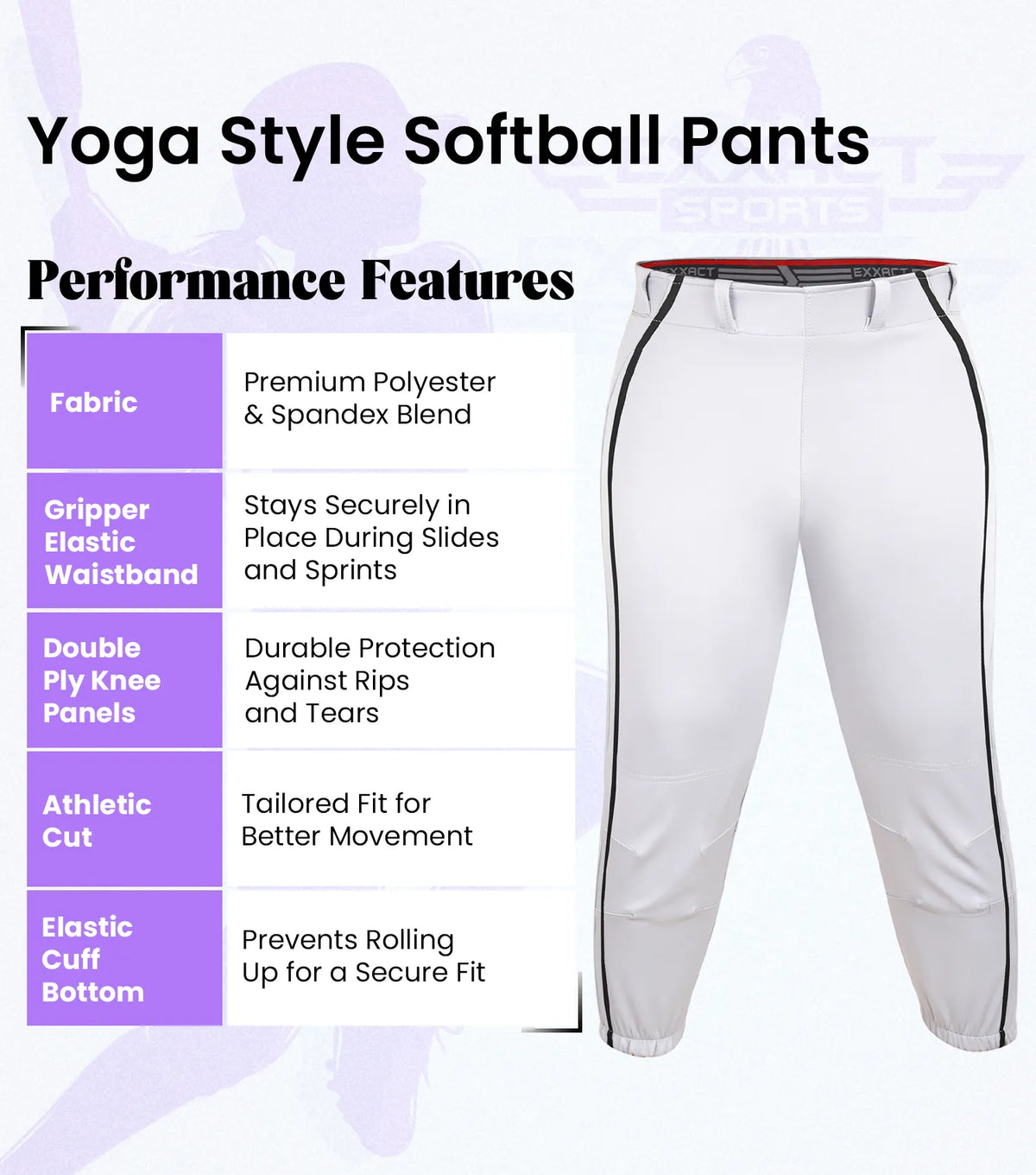 Exxact Sports Yoga Knicker Style Softball Pants for Women - White Black