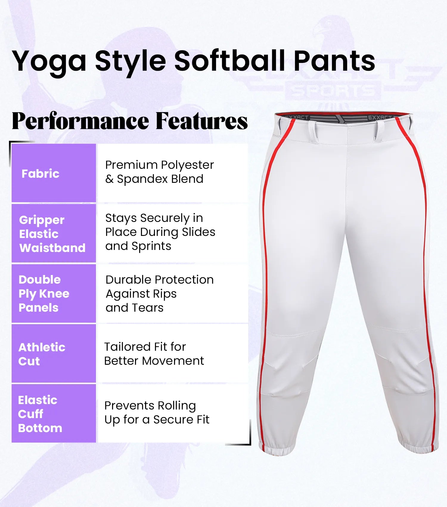 Exxact Sports Yoga Knicker Style Softball Pants for Women - White Red
