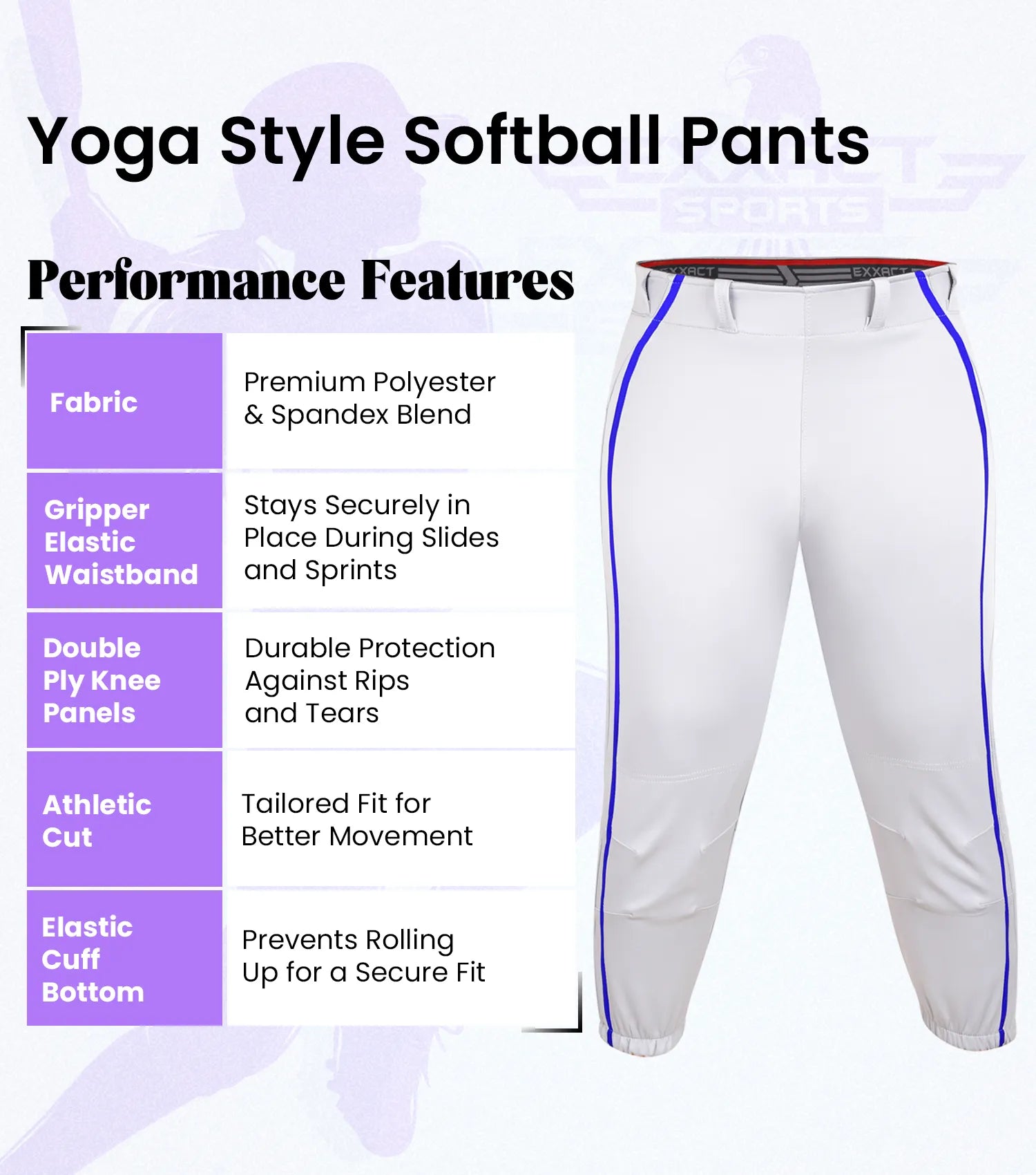 Exxact Sports Yoga Knicker Style Softball Pants for Women - White Royal Blue