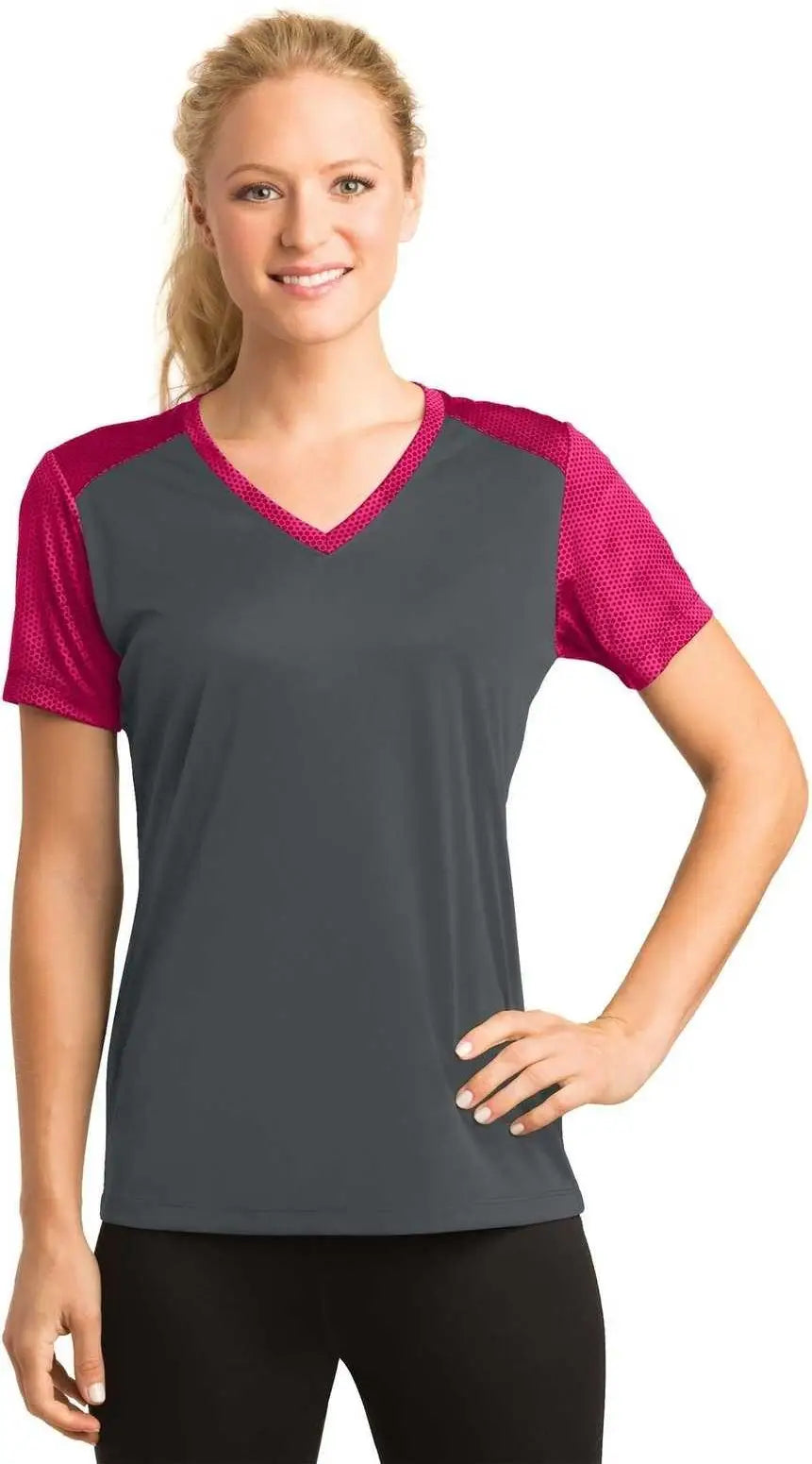 Sport-tek Lst371 Ladies Camohex Colorblock V-neck Tee - Iron Gray Pink Raspberry