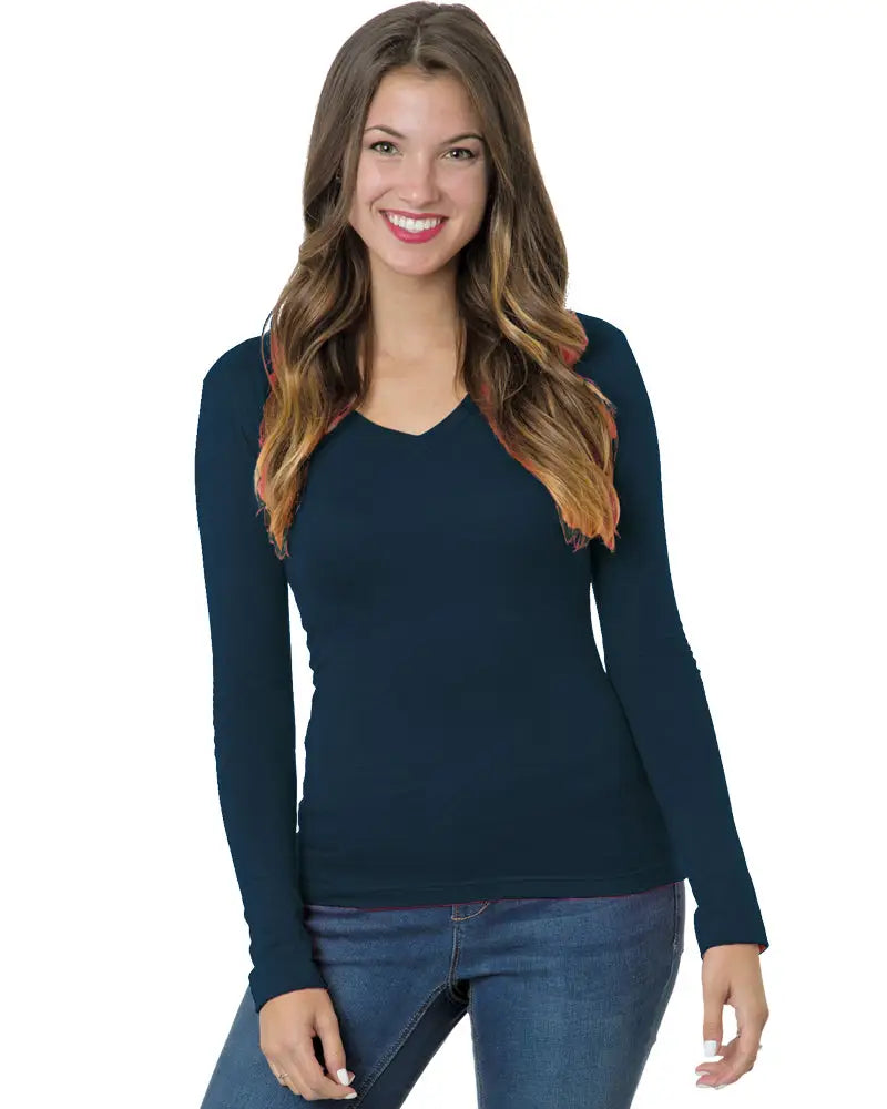 Bayside 3415b Women’s Usa-made Deep V-neck Long Sleeve T-shirt - 3415 - Navy