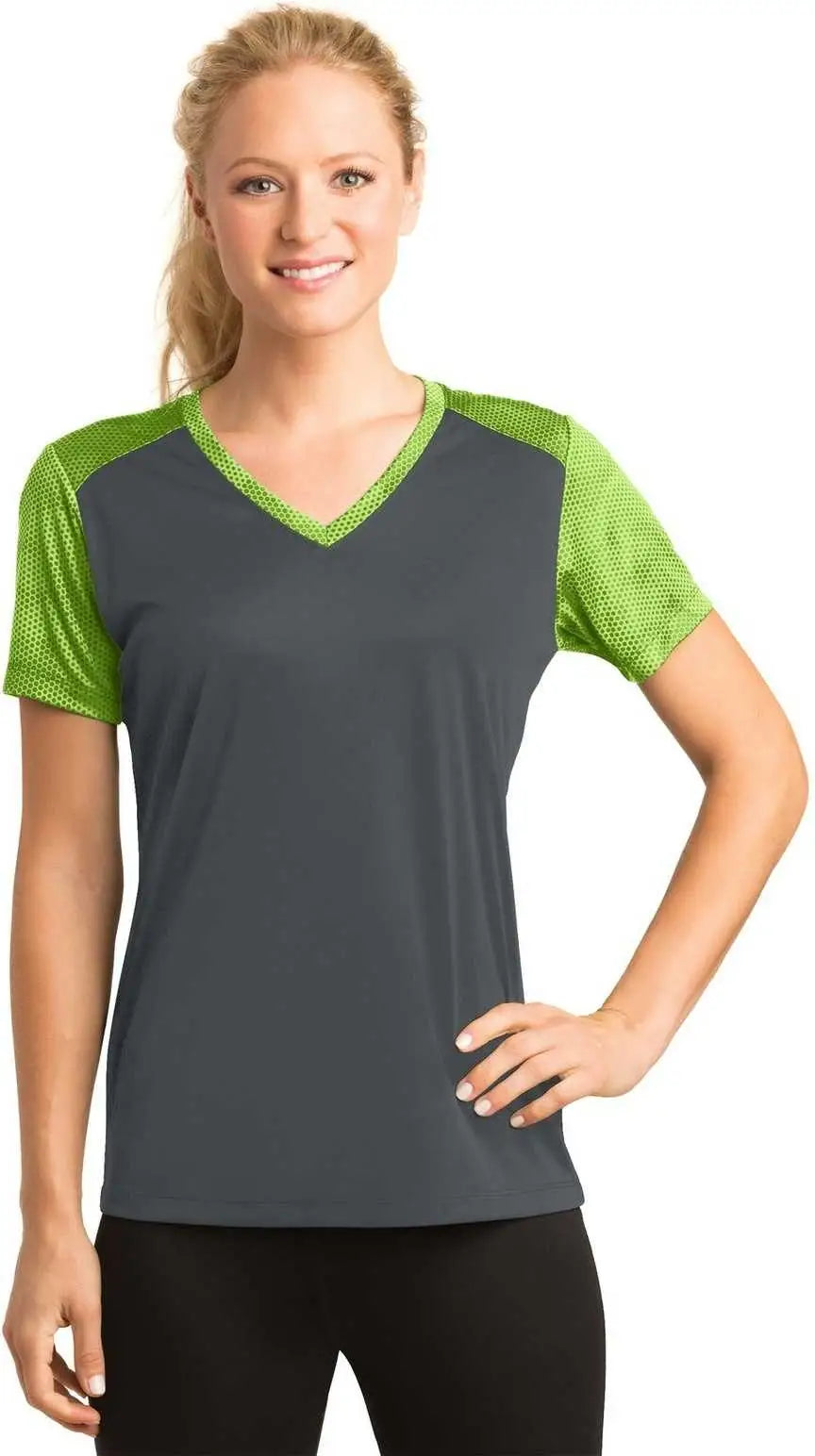 Sport-tek Lst371 Ladies Camohex Colorblock V-neck Tee - Iron Gray Lime Shock
